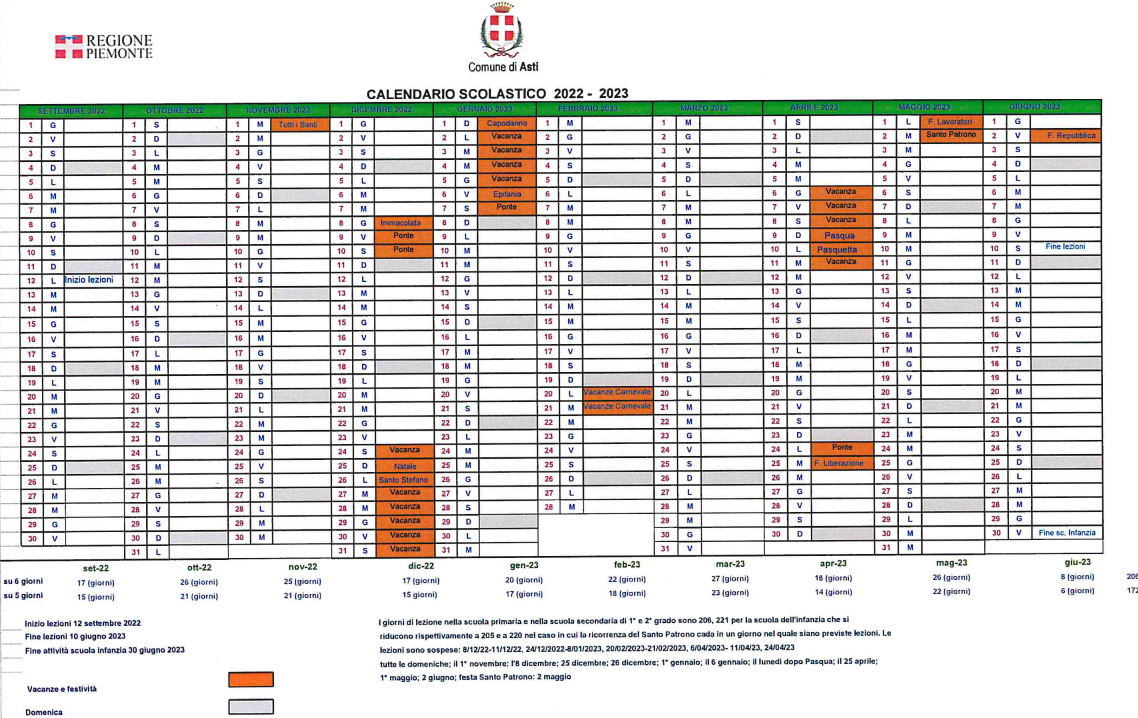 Calendario scolastico 2022/2023 Istituto Comprensivo 1 di Asti